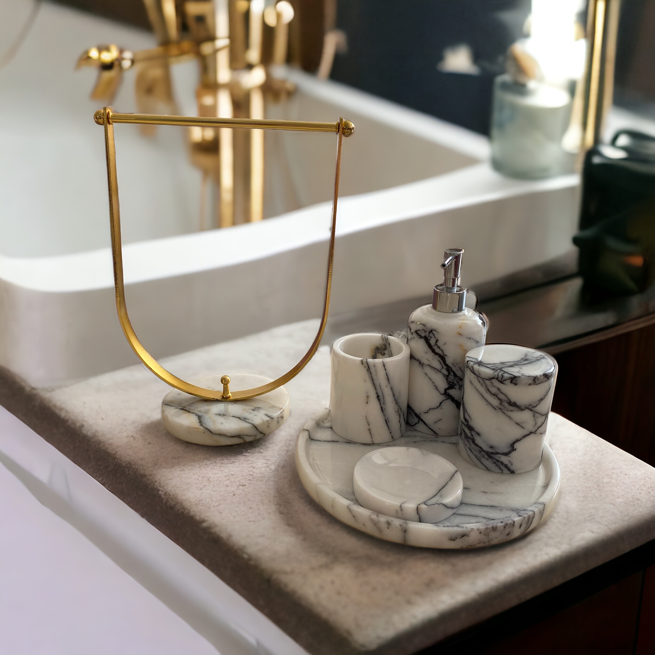 Lüks Mermer 6 Parça Banyo ve Lavabo Seti - Ofis ve Ev için Premium Tasarım